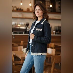 Upcycled Denim Jacket | Bohemian Western Lace Embellished - Dark Wash